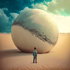 free image download of a boy standing alone and lost in the desert, gazing up at the enormous marble sphere before him.